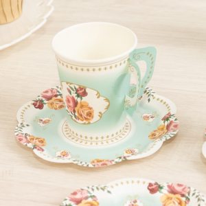 Set of 25 Paper Cups and Saucers in Turquoise with Rose Floral Print - Disposable Tea Party Decorations for Vintage & Floral Themed Events